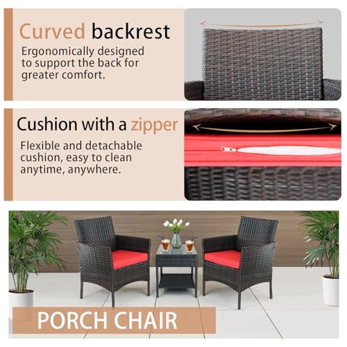 3 Piece Patio Furniture Set Outdoor PE Rattan Wicker Chair with Soft Cushion and Glass Coffee Table for Garden Backyard Porch Poolside (Brown/Red)