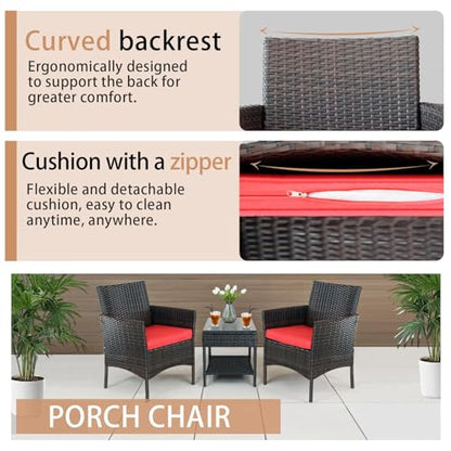 3 Piece Patio Furniture Set Outdoor PE Rattan Wicker Chair with Soft Cushion and Glass Coffee Table for Garden Backyard Porch Poolside (Brown/Red)