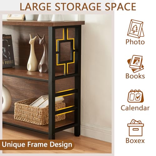 Book Shelf, 3 Tier Long Bookshelf with Storage, Engineered Wood and Metal Shelf Bookcase, Low Short Bookcases for Small Space, Living Room, Bedroom, Office, Rustic Brown