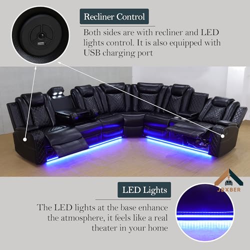 Power Recliner Sectional Sofa Set for Living Room, Leather Recliner Sofa Sets, L-Shaped Corner Sectional Couch Sets with LED Lights, Console Storage(Sectional,Black)