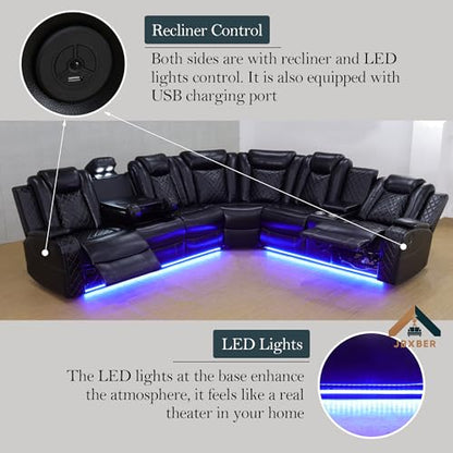 Power Recliner Sectional Sofa Set for Living Room, Leather Recliner Sofa Sets, L-Shaped Corner Sectional Couch Sets with LED Lights, Console Storage(Sectional,Black)