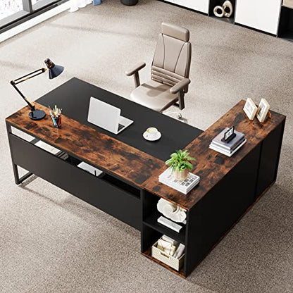 Tribesigns 71 inch Executive Desk, L Shaped Desk with Cabinet Storage, view 4