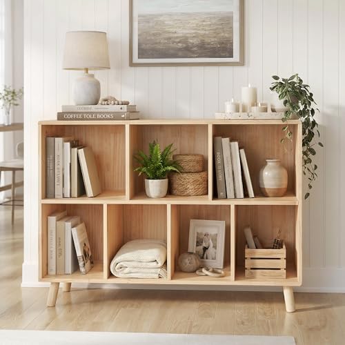 7-Cube Wood Bookshelf, 45 inches Wide Open Cube Storage Organizer Shelf, view 3