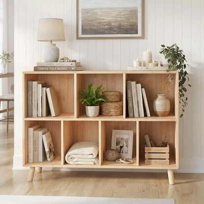 7-Cube Wood Bookshelf, 45 inches Wide Open Cube Storage Organizer Shelf, view 3