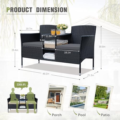 Patio Loveseat Outdoor Wicker Furniture Conversation Set with Soft Cushions & Built-in Coffee Table for Lawn Garden Backyard, Gray