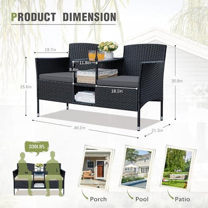Patio Loveseat Outdoor Wicker Furniture Conversation Set with Soft Cushions & Built-in Coffee Table for Lawn Garden Backyard, Gray