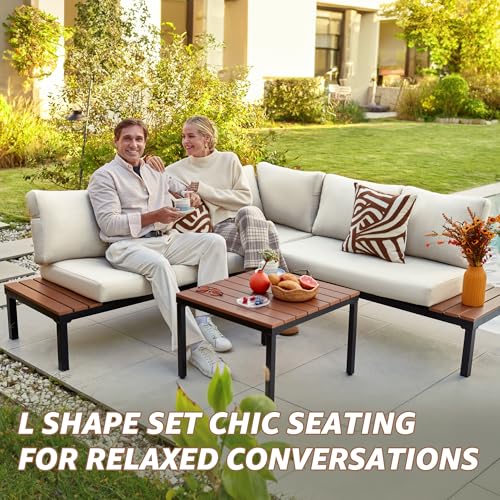 Outdoor Furniture Set, L Shape Patio Sectional, Metal Corner Couch Sofa Set with Side Tables, Detachable Backrest, Fauxwood Coffee Table, Beige Olefin Cushions for Garden Deck