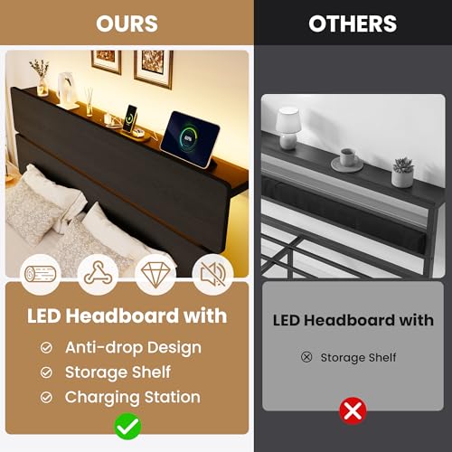 Queen Bed Frame LED Lighting Charging Storage, view 7