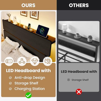 Queen Bed Frame LED Lighting Charging Storage, view 7
