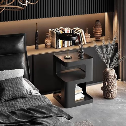 Modern Metal Side Table with Storage,Small End Table for Sofa & Couch,3-Tier Compact Nightstand for Small Spaces,Black Bedside Tables for Living Room & Bedroom,No Assembly Required