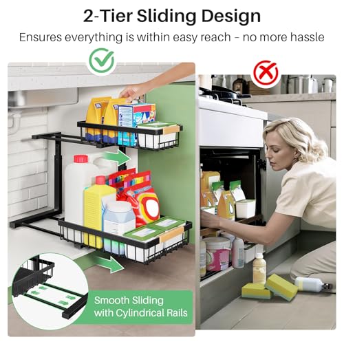 Under Sink Organizer, 2 Tier Under the Sink Storage, Slide out Pull out Cabinet Organizer Shelf, Metal Sliding Drawer for Kitchen Bathroom Pantry Closet Organization Rack, Black, 2 Pack