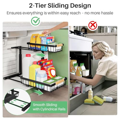 Under Sink Organizer, 2 Tier Under the Sink Storage, Slide out Pull out Cabinet Organizer Shelf, Metal Sliding Drawer for Kitchen Bathroom Pantry Closet Organization Rack, Black, 2 Pack