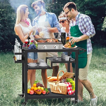 20"x 32" Three-Shelf Movable Outdoor Dining Cart Table, Multifunctional Food Prep Stand, Outdoor Grill Table with Wheels