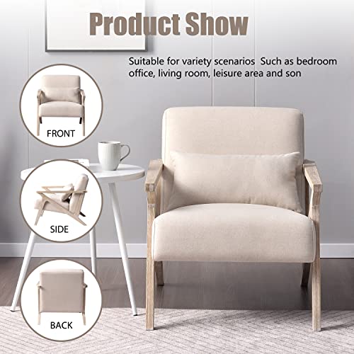 Mid Century Modern Chair with Wood Frame, Upholstered Armchair with Waist Cushion, Accent Chair for Living Room Bedroom Apartment, Easy Assembly, Beige