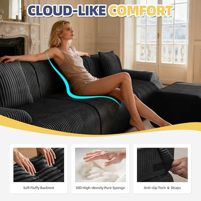 118" Modern L Shaped Modular Sectional Sofa, Boneless Cloud Couch with Ottoman, Oversized Corduroy Couch Deep Seat, 30D Sponge for Indoor Living Room, No Assembly Required(Black)
