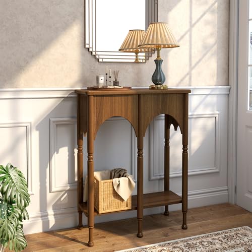Console Table with Storage Shelf, 28" Retro 2-Tier Entryway Table, Wooden Sofa Table with Roman-Style Legs for Living Room, Hallway, Brown