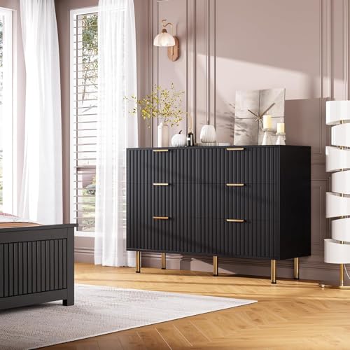 47.2" Fluted Black 6 Drawer Dresser for Bedroom with Deep Drawer, view 4