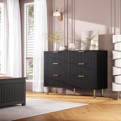 47.2" Fluted Black 6 Drawer Dresser for Bedroom with Deep Drawer, view 4