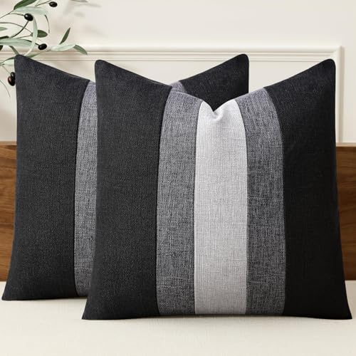Linen Patchwork Pillow Covers 18x18 Set of 2 Farmhouse Decor