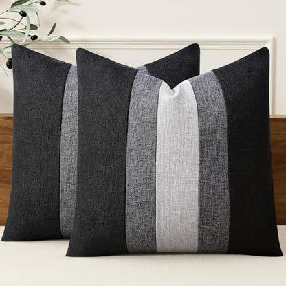 Linen Patchwork Pillow Covers 18x18 Set of 2 Farmhouse Decor