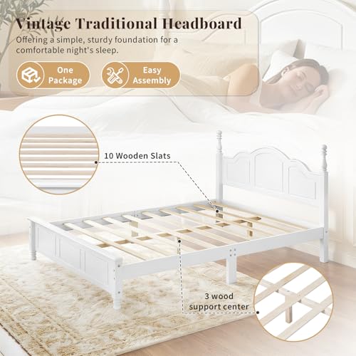 Vintage Queen Wood Bed Frame with Retro Style Headboard, White, view 7