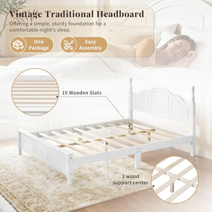 Vintage Queen Wood Bed Frame with Retro Style Headboard, White, view 7