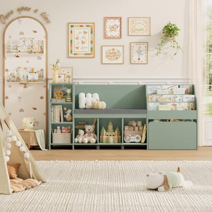 67"W Kids Reading Nook with Bookshelf, Toy Storage Organizer, Green | Cushioned Bench & Large Movable Toy Storage Box on Wheels, 6 Open Cubbies for Ease Fetch, Kid Bookcase for Playroom, Kid Room