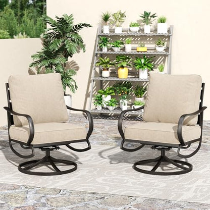 Metal Swivel Patio Chairs Set of 2, High Back Steel Outdoor Chairs with 5.75" Extra Thick Cushion, 2 Piece All Weather Deep Seat Outdoor Front Porch Seating Furniture for Deck Balcony, Beige
