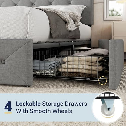 Queen Size Storage Bed Frame with 4 Underbed Drawers, Light Grey, view 6