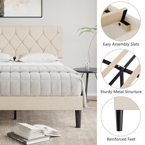 Queen Bed Frame with Upholstered Tufted Headboard, Beige, view 5