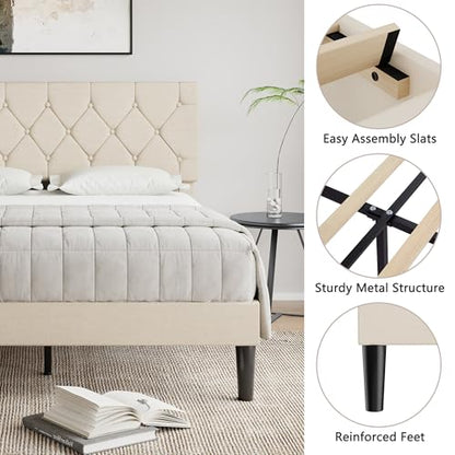 Queen Bed Frame with Upholstered Tufted Headboard, Beige, view 5