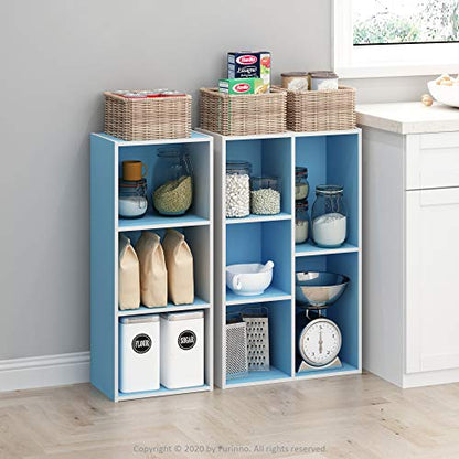 LUDER Book Shelf, 3-Cube Bookshelf, Bookcase with Open Shelves, 9.3 x 12 x 31.5, Easy Assembly, for Living Room, Bedroom, Home Office, White/Light Blue
