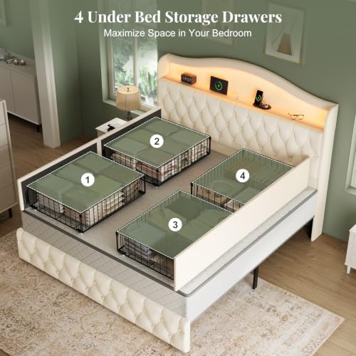 King Size Bed Frame with 4 Storage Drawers, Beige, view 8
