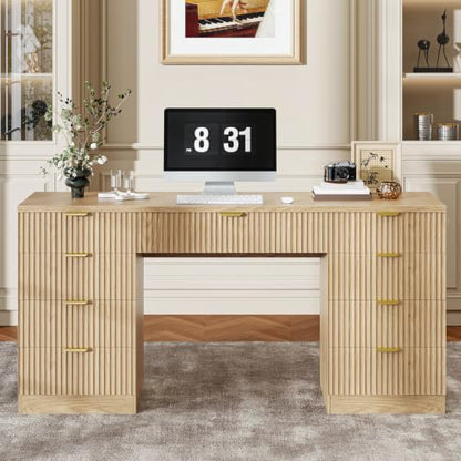 59 Inch Fluted Computer Desk with 9 Drawers, Natural, view 6