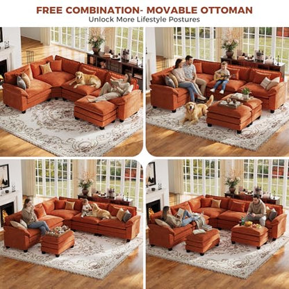 117" Oversized Modular Sectional Sofa with Corner, Comfy V-Shaped Cloud Couch w/ 2 Ottomans, 7-Seater Chenille Deep Seat Modern Sofa Couch for Living Room, DIY Combination, Terracotta Orange