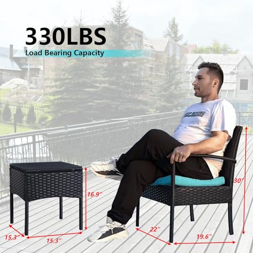 3 Pieces Outdoor Patio Furniture Set, Small Wicker Bistro Conversation Set for Porch and Balcony, All Weather PE Rattan Chairs with Table, Backyard Garden Furniture (Blue)