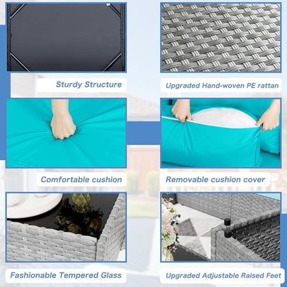 7 Pieces Outdoor Patio Furniture Sets, Patio Sectional Sofa Couch, Silver Gray PE Wicker Furniture Modular Patio Conversation Sets Patio Sofa with Washable Cushions & Coffee Table (Blue)