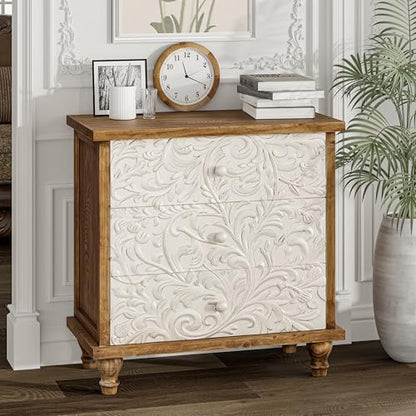 3 Drawer Farmhouse Dresser with Embossed Weathered Flower Motif, Vintage Nightstand for Bedroom, Almost Fully-Assembled, Boho, Natural Wood, White