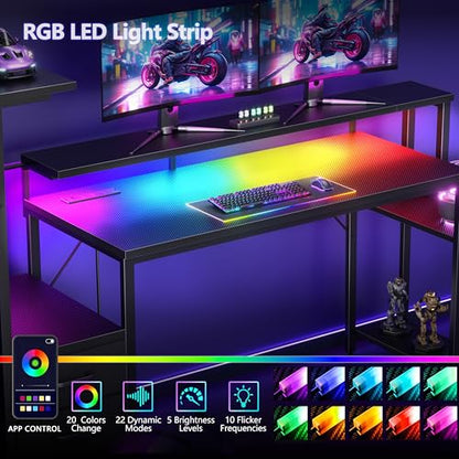 55 Inch Gaming Desk with Bluetooth LED Lights & Power Outlets,Computer Desk with Fabric Drawers & Hooks,Reversible Gamer Table with Monitor Stand for Game Room,Home Office,Carbon Fiber Black