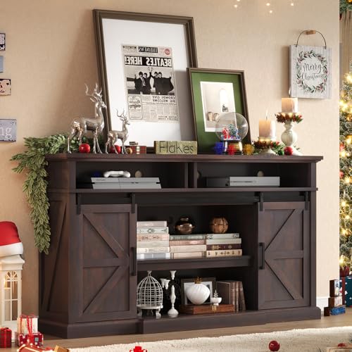 66" Farmhouse TV Stand for 75" TVs with Adjustable Shelves, Brown, view 2