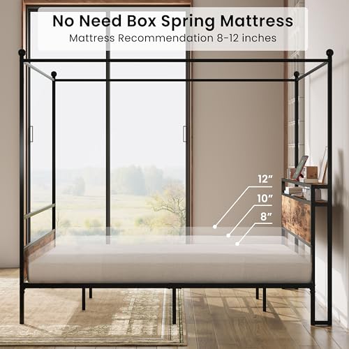 Canopy Bed Frame King with Storage Headboard & Charging Station, view 8