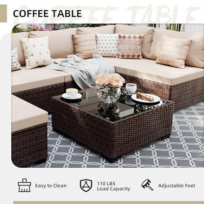 7 Pieces Patio Furniture Sets, Wicker Outdoor Sectional Sofa Couch with Coffee Table, Patio Conversation Set for Deck Backyard Garden, Brown Rattan, Beige Cushion
