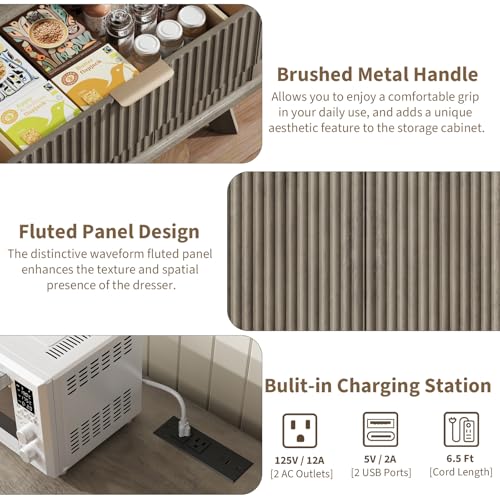 Fluted Sideboard Buffet Cabinet with Charging Station, 47.2" Kitchen Storage Cabinet with Drawers and Adjustable Shelves, Modern Coffee Bar Kitchen Table for Dining Room, Living Room, Grey