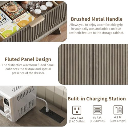 Fluted Sideboard Buffet Cabinet with Charging Station, 47.2" Kitchen Storage Cabinet with Drawers and Adjustable Shelves, Modern Coffee Bar Kitchen Table for Dining Room, Living Room, Grey