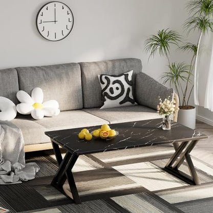Coffee Table Living Room Table Black Center Table, Simple Modern Faux Marble Rectangular Tea Table with Sturdy Black-Finished Metal Frame,Industrial Wooden Coffee Table for Bedroom Home Office