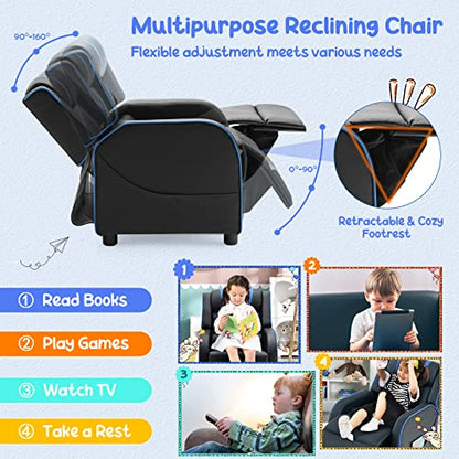 Kids Recliner, Gaming Recliner Chair w/Side Pockets, Footrest, Headrest & Lumbar Support for Kids Room & Play Room, Adjustable Racing Style Leather Sofa for Children Boys Girls (Blue, Black)
