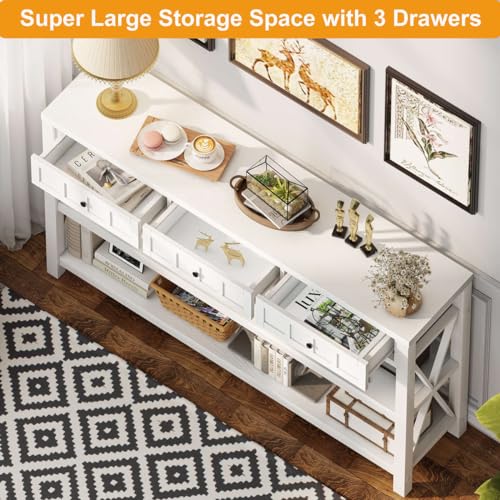 Console Table for Entryway, Wood and Metal Sofa Table with 3 Drawers for Living Room, Farmhouse Hallway Tables and Modern Couch Tables Behind Sofa (54.72 Inch Long, White Oak)