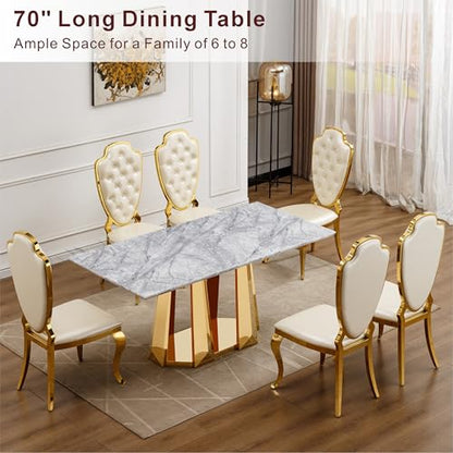 Marble Dining Table for 6 People, 70'' Rectangle Faux Marble Dining Table with Mirrored Stainless Steel Base, Large Size Marble Kitchen Table (Gold,Gray)(only Table)