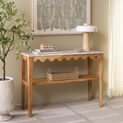 SAFAVIEH Furniture - Zemfira Console Table - White & Natural - Marble Top with Shelf Storage - Scalloped Design for Entryway, Living Room & Hallway, 42.5" W x 14.5" D x 30" H (CNS3709A)