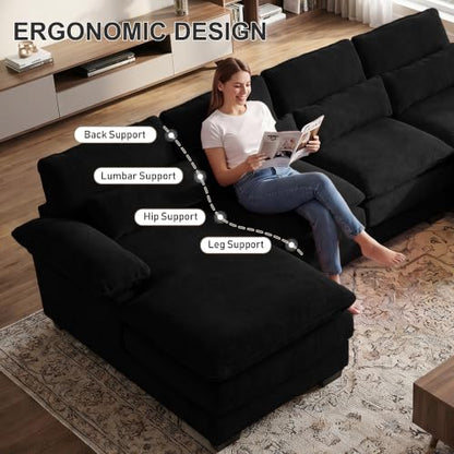 113" U Shaped Sectional Black Couch with Ottoman, Cloud Chenille Sofa | Oversized Deep seat modular U shaped sofa with plush cushions, perfect for family rooms, living rooms and movie nights